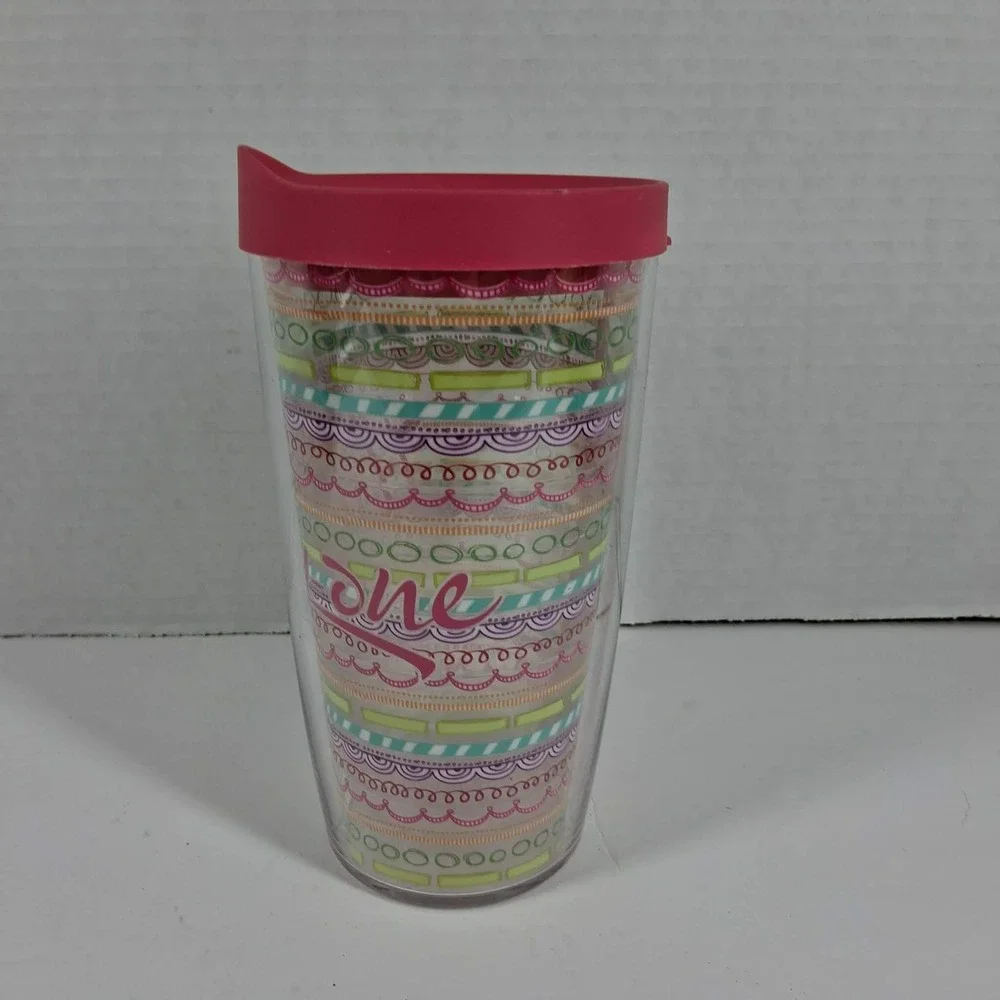 Tervis Thirty-One 16oz Insulated Tumbler Pink Green‎ Geometric Travel Mug W/Lid